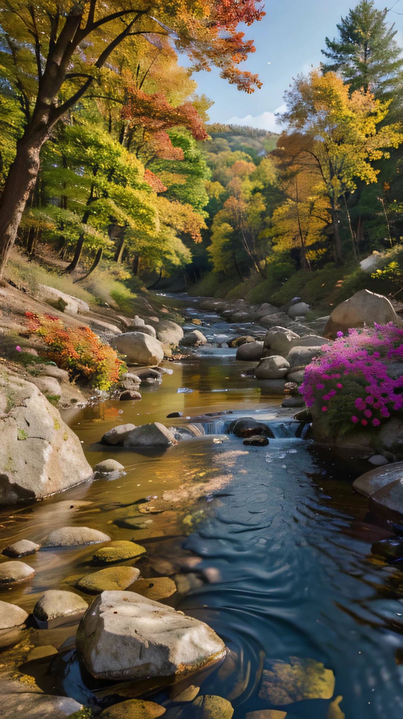 painting of a stream running through a forest filled with colorful trees, beautiful art uhd 4 k, beautiful digital painting, 8 k resolution digital painting, 8k resolution digital painting, autumn tranquility, landscape art, serene colors, nature painting, high quality digital painting, artistic 4 k, detailed painting 4 k, vibrant water river, stunning digital painting, photorealistic landscape