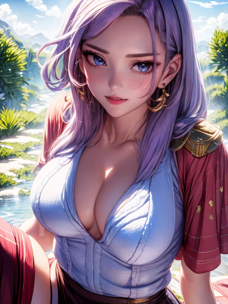 masterpiece, Huang Li, Fruit ice\(Boruto\), 1 girl, Solitary,Mature female, Purple suspender skirt,cleveage,Large Breasts,Cleavage,brown pants,appearance,Lavender flower field, Looking at the audience, (Cloudy sky like falling petals, Perfect composition, Delicate lips,, Beautiful face, Body support, blush, (Pink lips), White hair, Eye roll, gentle gaze, sad smile, super realistic, detailed, photo shoot, Realistic face and body, Photo-realistic hair, Realistic eyes,realistic nose,Realistic lips