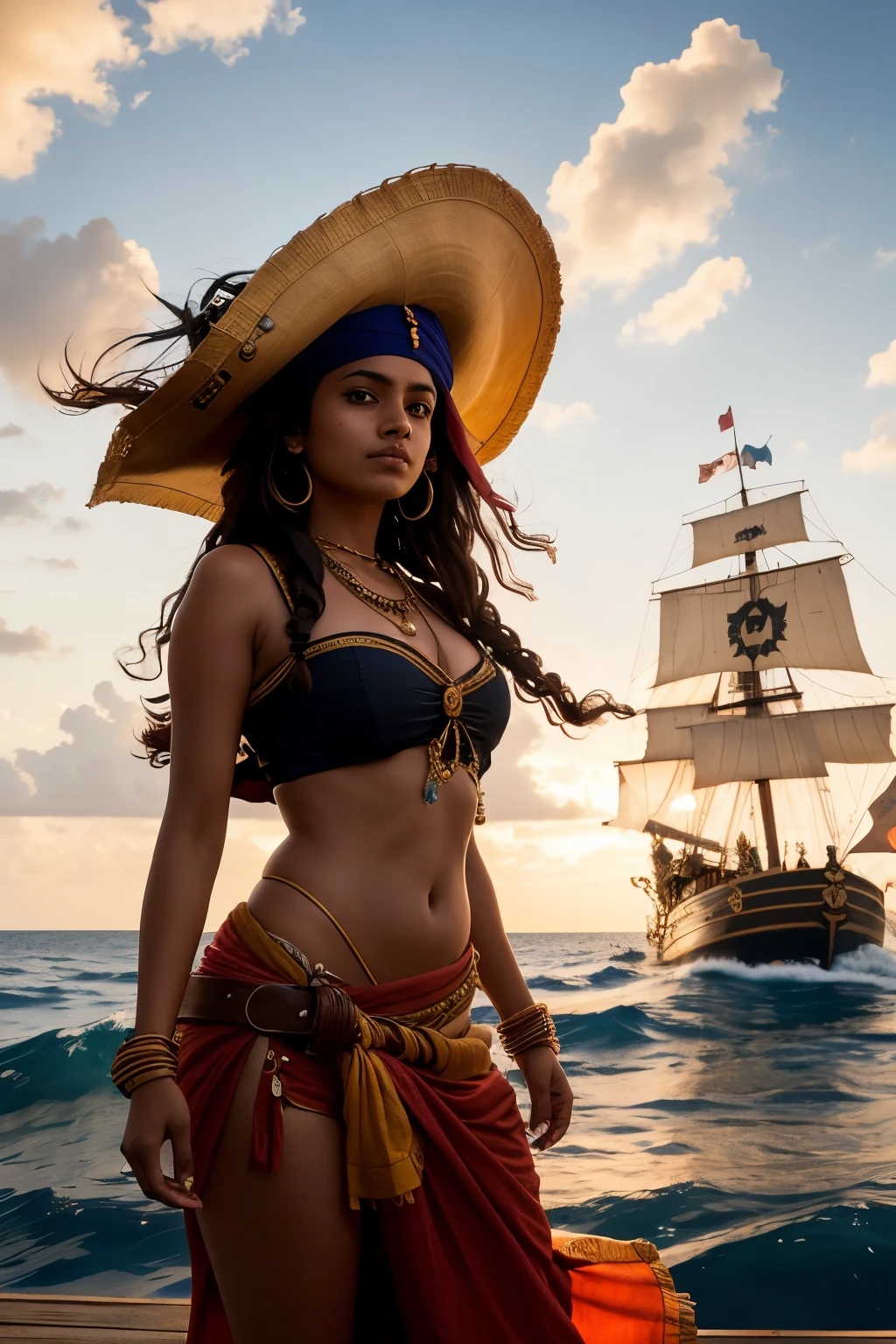 Make this Indian girl transform into a pirate, standing boldly at the deck of a pirate ship. She dons One Piece anime Luffy's iconic straw hat, adding an authentic pirate touch to her appearance. The background showcases a pirate ship anchored in the vast sea, with the horizon and fluctuating waves reflecting the setting sun. The Indian girl's sari is captured in realistic detail, billowing in the wind as she confidently strikes a pose, making for an HD pirate-themed photograph.