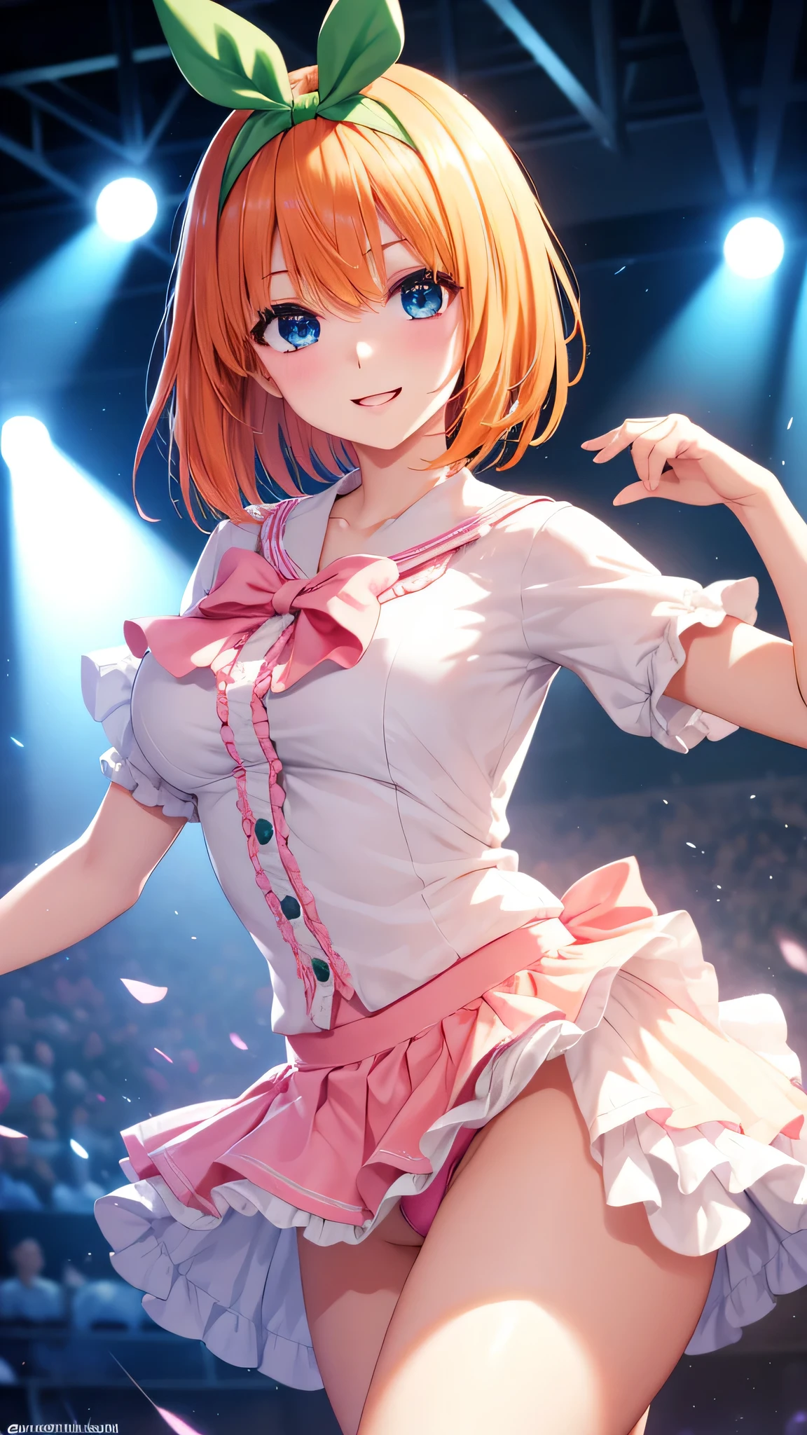 yotsubanakano, Nakano Yotsuba, bangs, short hair, blue eyes, hair between eyes, hair ribbon, hair band, orange hair, green ribbon, Best smile, low person, green bow, green ribbon, (idol costume:1.3), (frills:1.1), Upper body, stage background, highest quality, High resolution, unity 8k wallpaper, (shape:0.8), (beautiful and detailed eyes:1.3), highly detailed face, perfect lighting, Detailed CG, (perfect hands, perfect anatomy), smile,I have a microphone, (Song:1.3), (dance:1.3),1 girl panty shot,skirt lift,pink panty,