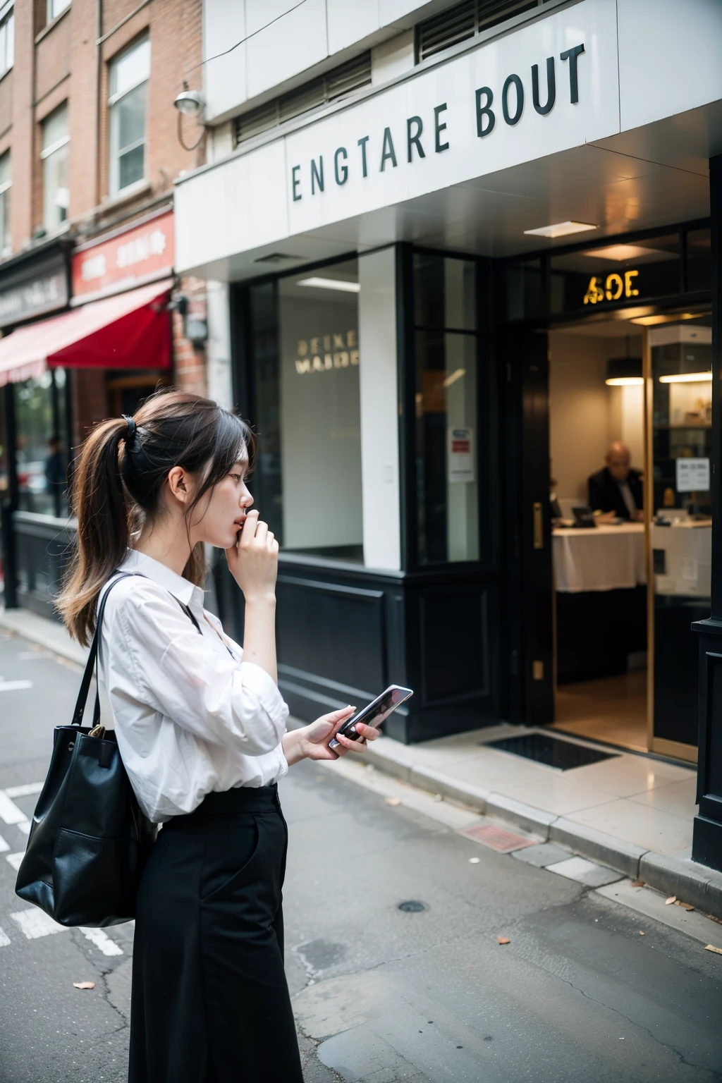 A person holding a mobile phone is making a call in front of the building