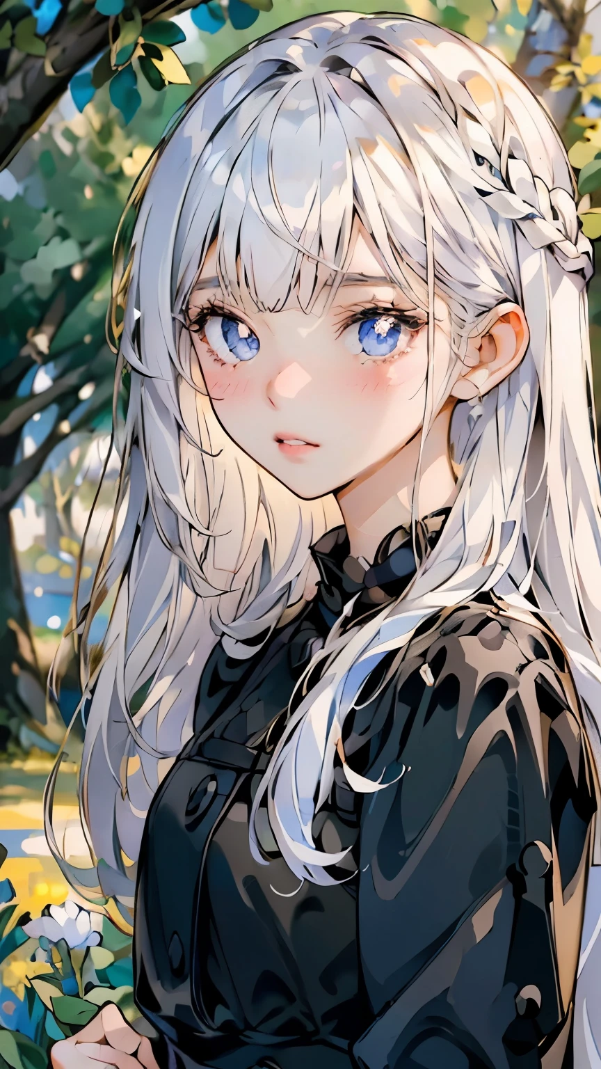 (ultra-intricate pupil in eyes, shiny eyes), long eyelashes, double eyelids, parted lips, kawaii, cute, , slender, (ultra delicate and beautiful skin), perfect anatomy, dynamic angle, BREAK (masterpiece, best quality), (ultra-detailed 8K), (perfect design), absurdres, highres, ((blush)), (super fine illustration), masterpiece, best quality, (amazing, blunt bangs), high resolution, cute face, masterpiece, best quality, extremely detailed, anime, beautiful girl, wind, solo, depth of field, masterpiece, best quality, extremely detailed, (PHOTO BACKGROUND: 1.3), white hair, 10 years old
