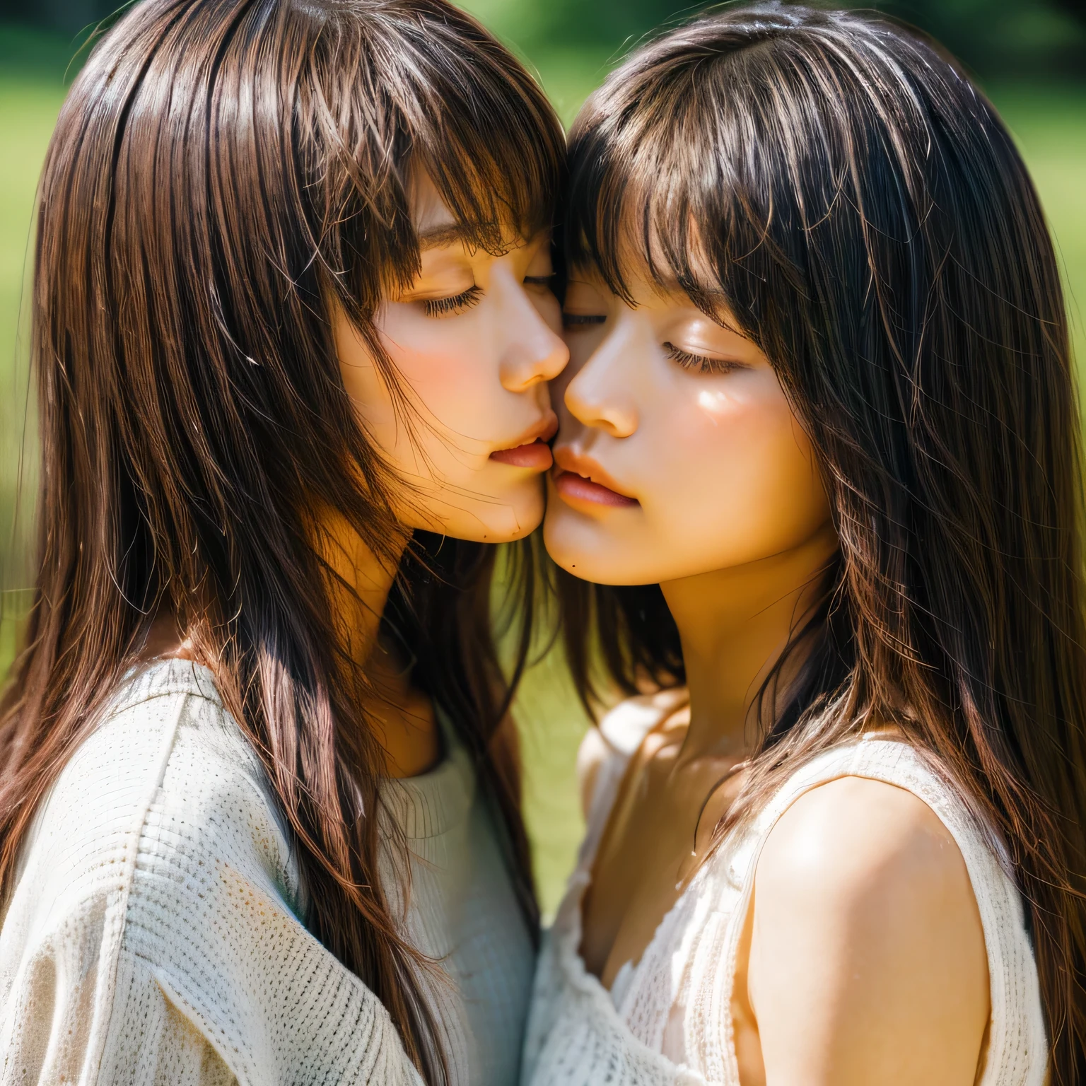Identical twin sisters、close your eyes、Trying to kiss, 16 years old, bangs
