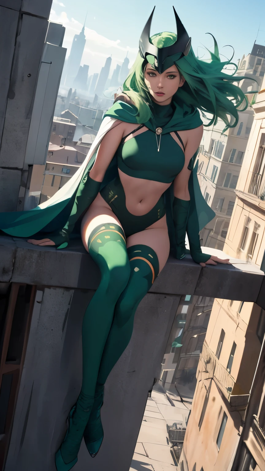 (Highly quality, masterpiece, detailed), city detailed scenario, city detailed background, 20 years old girl, solo, Polaris, green hair, bodysuit, cape, helmet, green crop top, thigh highs, sitting on top of a building, navel, perfect face, beautiful eyes, looking at the viewer, Sexy pose