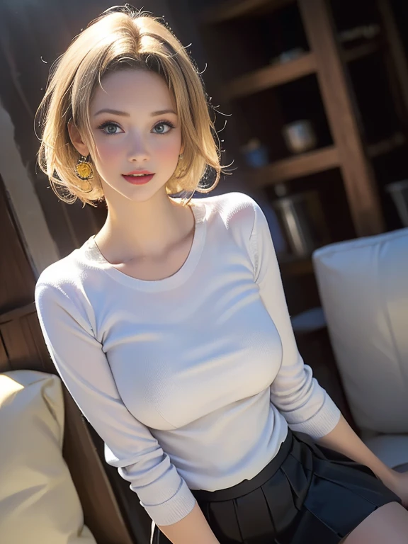 (best quality, 8k, highres, photorealistic:2.0), (solo, one girl:2.0),(photo taken using flash:1.9),(brighten up women:1.8),(ultimate beautiful girl:2.0),(shiny skin),(oily skin),(blonde hair:1.7),(short hairstyle:1.5),(cool beauty:2.0),Blush brown makeup , dark eye makeup , use pink glossy lipstick,(big beady eyes girl:1.5),(droopy-eyes girl:1.5),(blue eyes:1.5),(thin girl:1.5),(baby face girl:1.5),(sex appeal:1.3),(sweet smelling girl),(she works for low wages:1.5),(kind-hearted woman:1.5),(she has a nice smile),(woman with a happy look:1.3),(she is very sociable),(from a very poor family:1.5),(virgin girl),(She is a secret pervert.),(she covertly lewd),(she looks so erotic),(Preserve virginity for devout Christians),chuuChloe,(woman with very soft breasts),(woman fantasizing about sex:1.3),(allurement),(impressive eyes:1.5),(clean girl),(affability),(cute smile),(good personality),(puff out chest),(serious personality),(tight sheer knit sweater),(wants sex),(want to masturbate),(want to have sex forcibly),(pleated skirt),(insists on the chest),(Big nipples hard erect inside clothes:1.1),(relaxing time),(hair ornaments),(sunflower),(Private room),(compassion),(impurity),(love filled),(Changing clothes),(get horny:1.5),(campaign girl uniform:1.5)