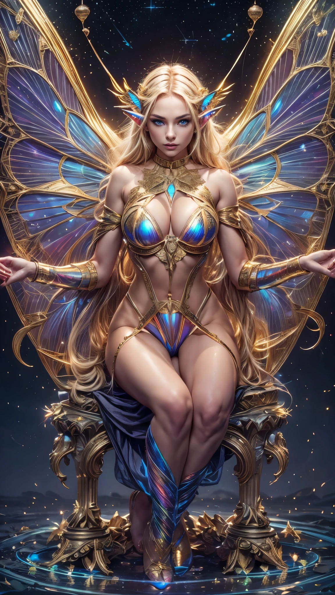 8k, detailed photo, (detailed symmetrical facial features, detailed beautiful facial features, detailed eyes, Glowing blue eyes, seductive expression, blonde hair, detailed elf ear), (four proportionate fingers on each hand, detailed thumbs, holographic finger nails, detailed fingers, detailed symmetrical hands), (detailed symmetrically proportionate body, thin body, toned muscles), (sitting, detailed symmetrically proportionate leg, Spread legs, shaved legs), (large breasts:1.3), (massive symmetrical butterfly wings attached to the center of her back between her shoulder blades), (gold, holographic, silk bustier, scrunch thong, see through lace:1.3), (oak forest, calm lake, stary sky, moon light, fantasy setting, orbs),