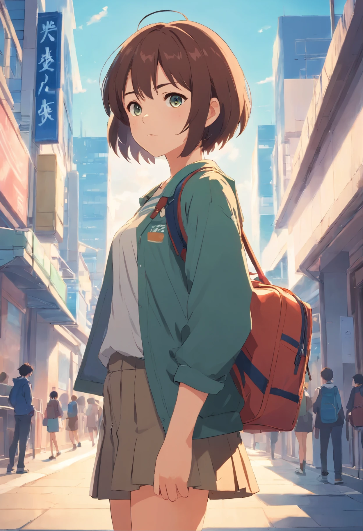 20-year-old girl wearing ordinary short hair standing with schoolbag on her back student full view looking straight at the camera