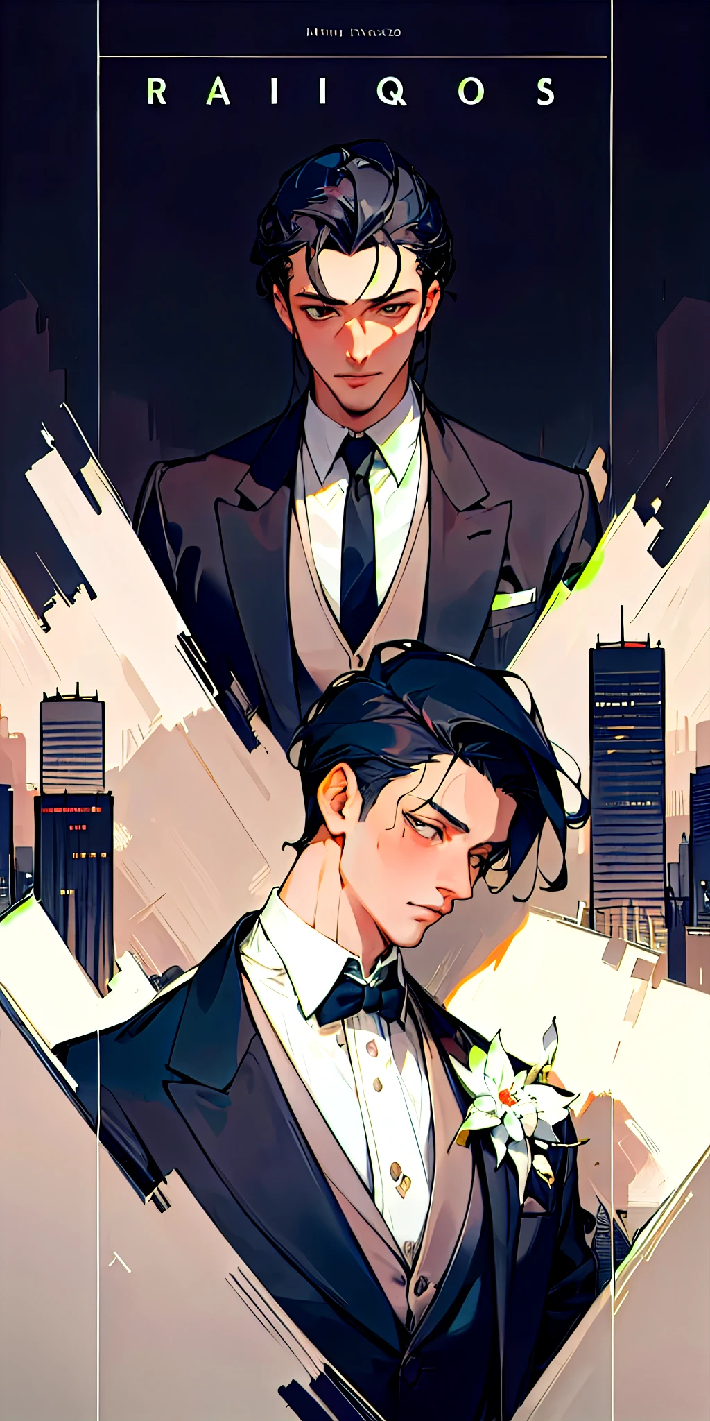 (masterpiece, best quality),Two and only two men，All in suits，Probably 28 years old，Background is urban style，Second Dimension，Handsome，Masterpiece，novel cover，Upper body only，Delicate face，high resolution，Black Hair，City background