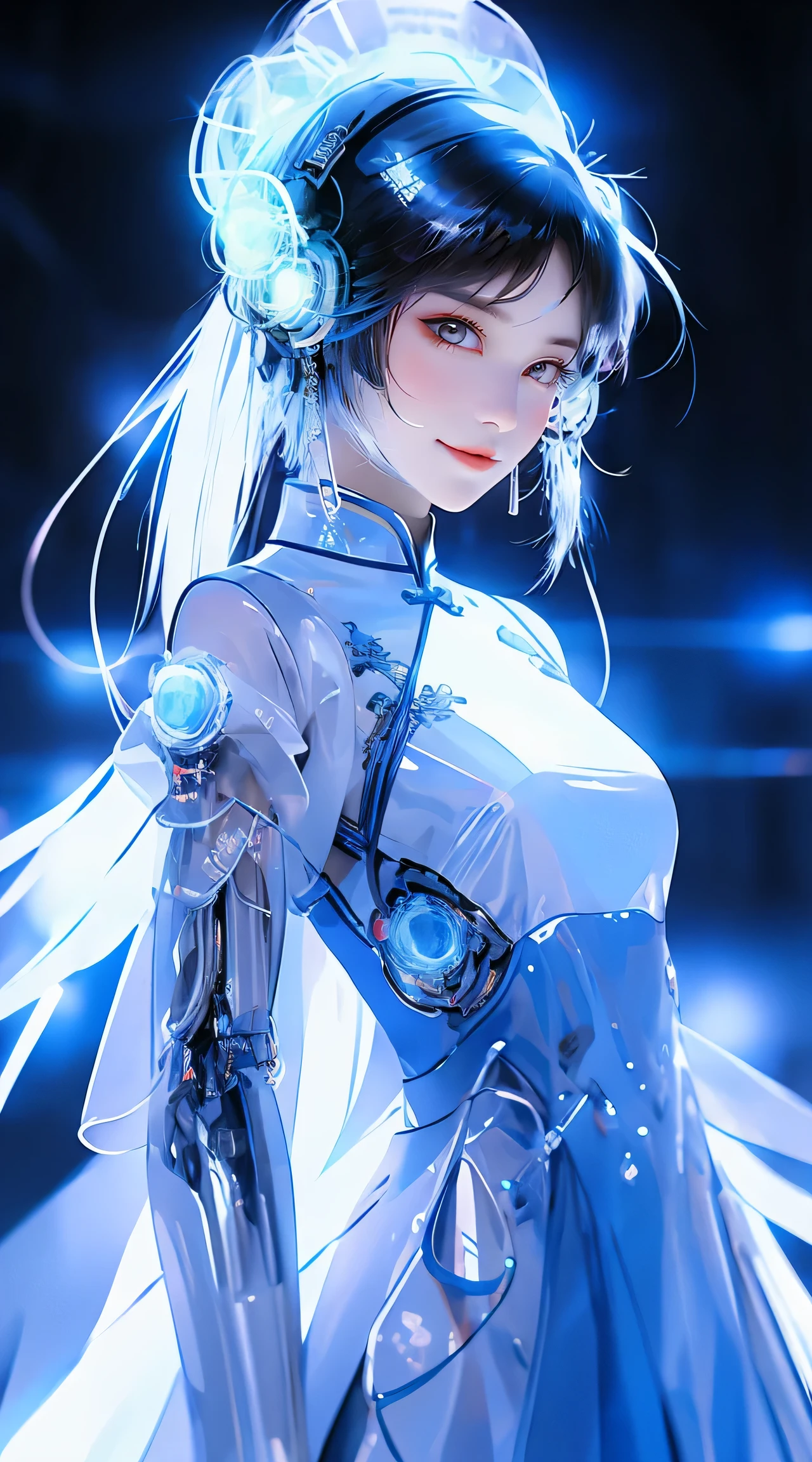 1 girl, Chinese_clothing, liquid silver and Sky Blue, cyberhan, cheongsam, Cyberpunk city, Dynamic poses, Luminous headphones, Luminous hair accessories, Long hair, Luminous earrings, glow necklace, Cyberpunk, High And technology city, full of mechanical and Futurism elements, Futurism, And technology, glowing neon lights, Sky Blue, Sky Blue light, Transparent tulle, Transparent streamers, laser,