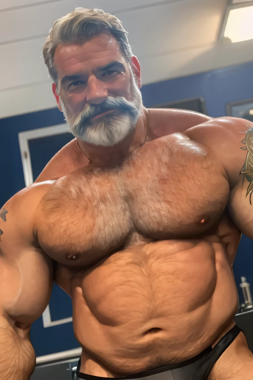 (handsome mature man), (50 yo), white man, wearing a thong, dripping wet, bulge, (beefy:1.3), beard, looking at viewer, beautiful man, detailed eyes, symmetric face, smirk, robust, greying hair, mustache