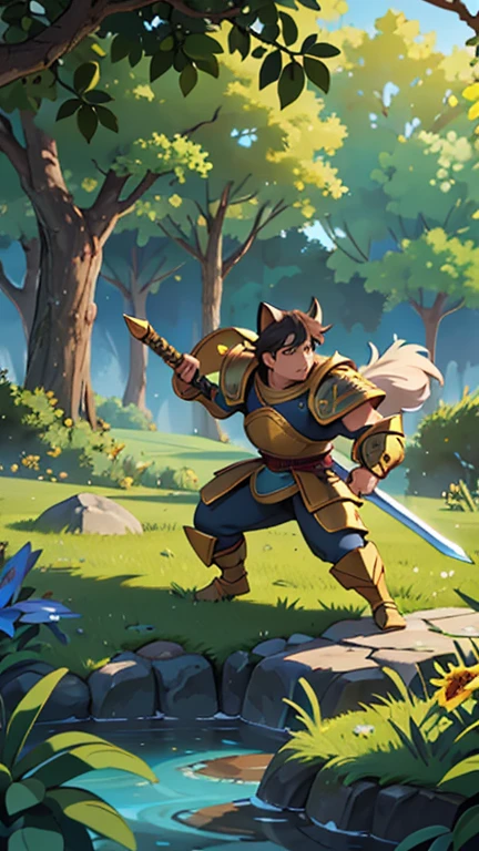 He is jumping to land a magic attack on his opponent, he is in a brutal duel in a war, A cat knight in Medieval armor holding a long sword, com um olhar determinado, tendo como pano de fundo um antigo castelo e uma floresta densa. average: illustration, average: 3D rendering, (melhor qualidade,4K,8k,high resolution,obra de arte:1.2),ultra-detalhado,(realista,photorealista,photo-realista:1.37), HDR, lighting de estúdio, extreme detailed description, cores vivas, sharp focus. Estilo de arte: fantasia, Medieval, animal, Action. tom de cor: Escuro, tons terrosos. lighting: dramatic, enfatizando sombras e realces.