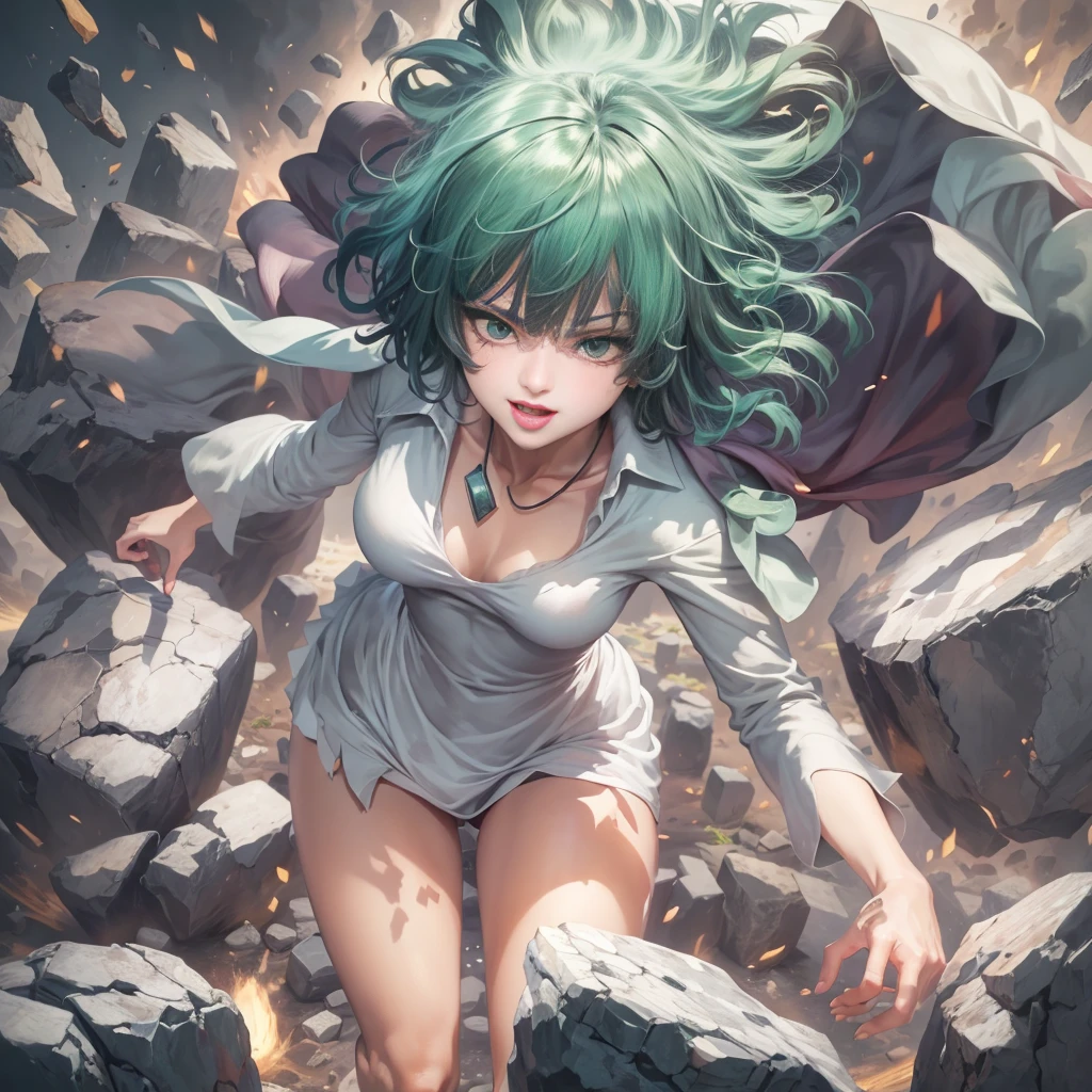 Anime art style, Fubuki from one punch man, green hair, white skin, wearing V-neck dress, flying over destroyed rock, cinematic lights, blushing cheeks, ligth smiling, detailed small breast, wide hips, NSFW, cowboy shot.