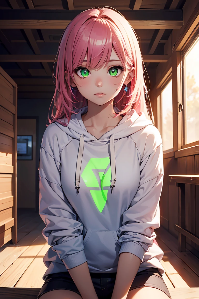 ((1 girl)), (Triangle sitting), disease, Red eyes, Red cheeks, Puff out your cheeks, indoor, latest trend clothes, Blue Neon Hoodie,(Cowboy Shot) ,((Very detailed,highest quality, High resolution, 8k wallpaper, Beautiful clothes,)),((Pink Hair, Long Hair,Straight hair)), Expressionless, eye shadow, eyeliner,Glow Eye, Very detailedな目, Clear Eyes, Beautiful Eyes, ((Glowing green eyes)), 18-year-old girl.