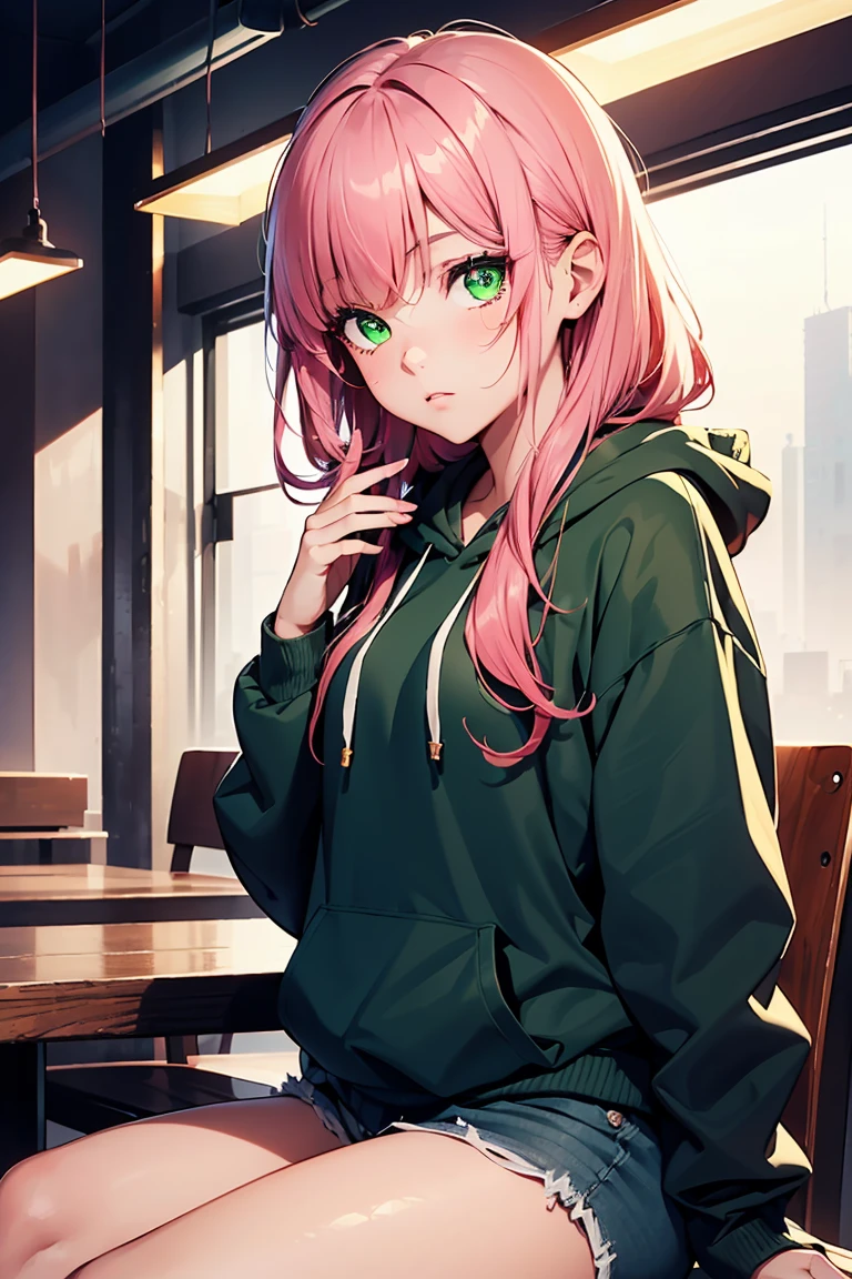((1 girl)), (Triangle sitting), disease, Red eyes, Red cheeks, ???? out your cheeks, indoor, latest trend clothes, Blue Neon Hoodie,(Cowboy Shot) ,((Very detailed,highest quality, High resolution, 8k wallpaper, Beautiful clothes,)),((Pink Hair, Long Hair,Straight hair)), Expressionless, eye shadow, eyeliner,Glow Eye, Very detailedな目, Clear Eyes, Beautiful Eyes, ((Glowing green eyes)), 18-year-old girl.