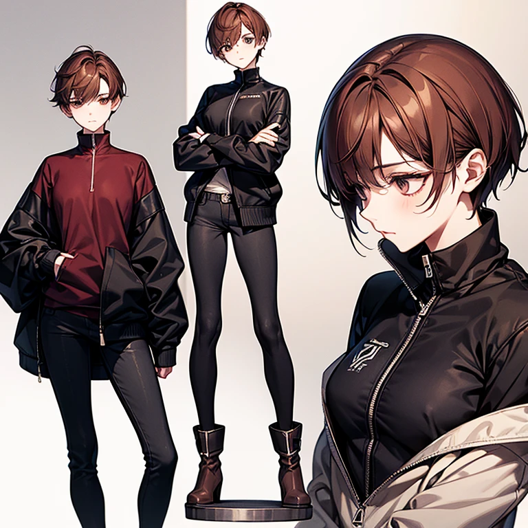 masterpiece、Subtle details、Slender beauty、expensive、slim、I like that style、Small breasts、Sharp eyes、sister、Pixie Cut、Short nape、Oversized zip-up jacket、Tight skinny pants、Platform boots、Reddish brown hair、