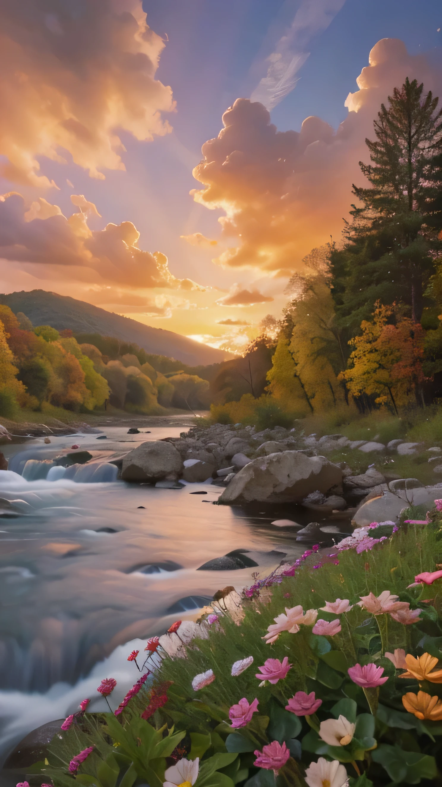 painting of a stream running through a forest filled with colorful trees, beautiful art uhd 4 k, beautiful digital painting, 8 k resolution digital painting, 8k resolution digital painting, autumn tranquility, landscape art, serene colors, nature painting, high quality digital painting, artistic 4 k, detailed painting 4 k, vibrant water river, stunning digital painting, photorealistic landscape