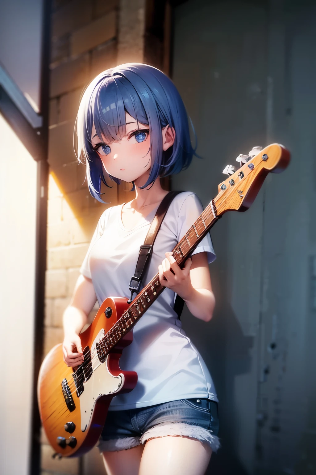 1girl, short blue hair, blue eyes, wearing plain white shirt, denim shorts,carrying a bassist guitar on her back, city, absurdres, high res, ultrasharp, 8K, masterpiece, looking at viewer