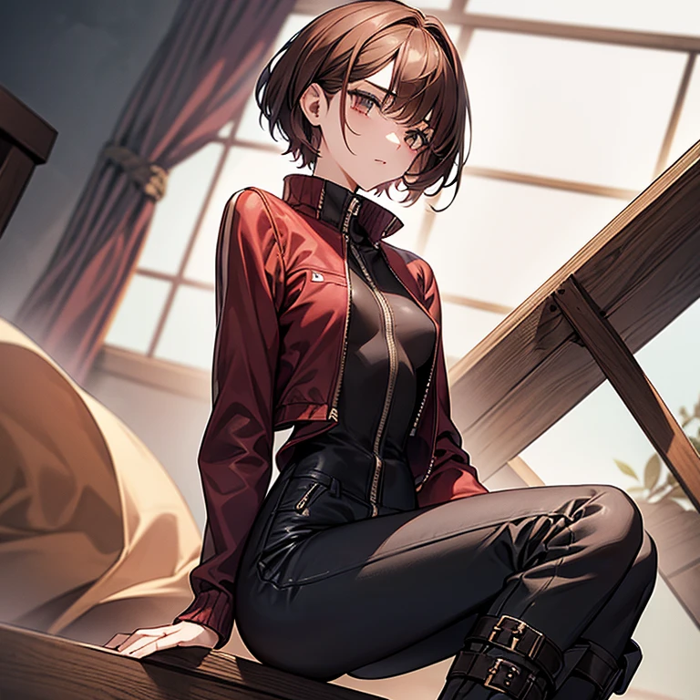 masterpiece、Subtle details、Slender beauty、expensive、slim、I like that style、Small breasts、Sharp eyes、sister、Pixie Cut、Short nape、Oversized zip-up jacket、Tight skinny pants、Platform boots、Reddish brown hair、