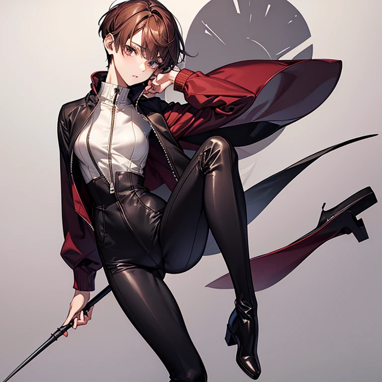 masterpiece、Subtle details、Slender beauty、expensive、slim、I like that style、Small breasts、Sharp eyes、sister、Pixie Cut、Short nape、Oversized zip-up jacket、Tight skinny pants、Platform boots、Reddish brown hair、