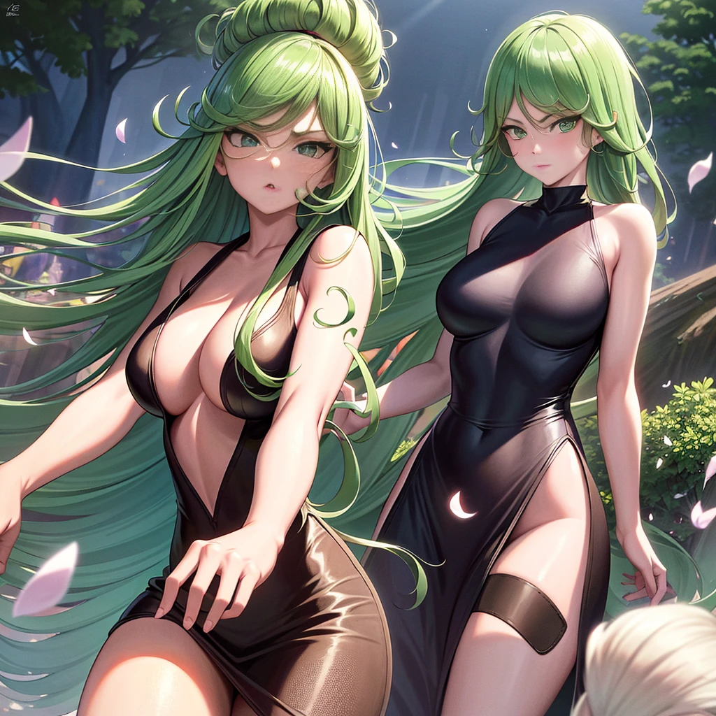 ultra realistic 8k cg, masterpiece, ((ultra detailed background, delicate pattern, intricate detail)), (highly detailed, fine details), best quality, (photorealistic:1.4),beautiful lighting, absurdres, RAW photo, film grain, 1girl, solo, tatsumaki, ((big breasts, black dress)), fine art, (short green hair), (green eyes), (outside, daytime, windy, light rays), soft light, action scene, seducing face,