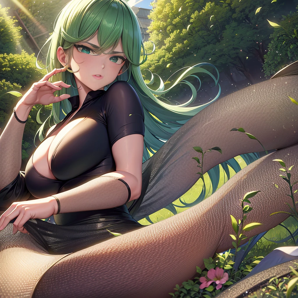 ultra realistic 8k cg, masterpiece, ((ultra detailed background, delicate pattern, intricate detail)), (highly detailed, fine details), best quality, (photorealistic:1.4),beautiful lighting, absurdres, RAW photo, film grain, 1girl, solo, tatsumaki, ((big breasts, black dress)), fine art, (short green hair), (green eyes), (outside, daytime, windy, light rays), soft light, action scene, seducing face,