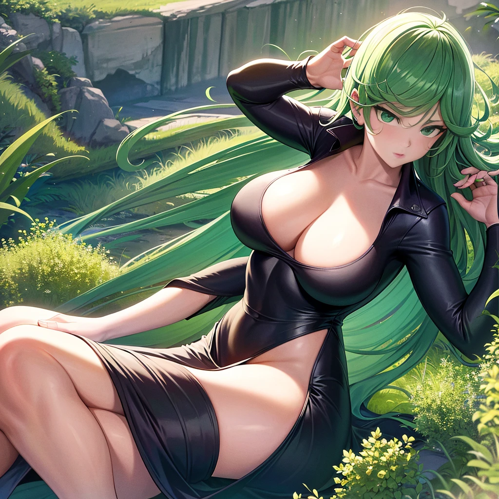 ultra realistic 8k cg, masterpiece, ((ultra detailed background, delicate pattern, intricate detail)), (highly detailed, fine details), best quality, (photorealistic:1.4),beautiful lighting, absurdres, RAW photo, film grain, 1girl, solo, tatsumaki, ((big breasts, black dress)), fine art, (short green hair), (green eyes), (outside, daytime, windy, light rays), soft light, action scene, seducing face,