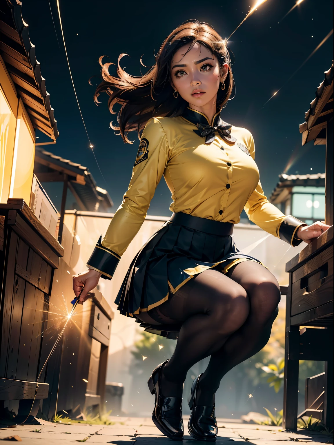 (corpo todo:1.5),(1 garota:1.3),(olhando para o espectador:1.4),(anatomia correta:1.3),(In the paradise of the day:1.3),(Wearing suit Chun Li JK uniform printed ultra short pleated skirt and JK uniform leather shoes with bow decoration ,and Very thick printed pantyhose :1.35), (Light particle effect:1.3),(em rosa | amarelo | cores azuis| cor verde |Cores VERMELHAS | cores brancas| de cor preta| purple cor| cinzas| Bege| Cor da carne 1.4),(olhos brilhantes:1.3),(Wide range action: 1.3),(Rosto preciso e perfeito:1.4),(Brilho para roupas:1.25),(Reflexo da pele:1.25),hiper HD, ray tracing, luz reflexiva,estruturalmente correto, Premiado, alto detalhe, contraste de luz e sombra, Face lighting,cinematic lighting, obra-prima, super detalhamento, alta qualidade, alto detalhe, melhor qualidader, 16K,alto contraste,