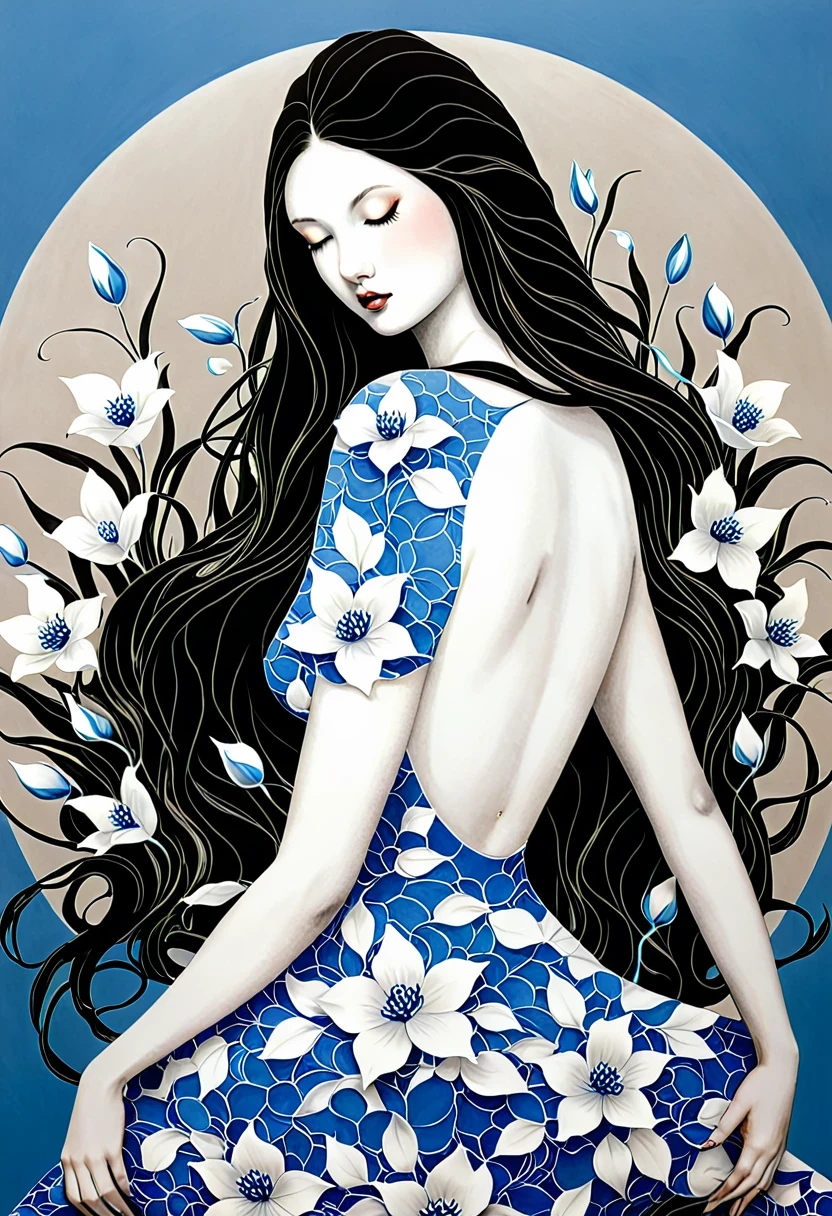 chiaroscuro technique on sensual illustration of an elegant , retro and vintage ,silky flower around body, matte painting, by Hannah Dale, by Harumi Hironaka, extremely soft colors, Blue and white porcelain,Ceramic material，femele，Embossed petals，artwork of a，Long hair, circle eyes, shadowing, anaglyph, stereograms, angle of view, Atmospheric perspective, 8K, Super detail, ccurate, Best quality