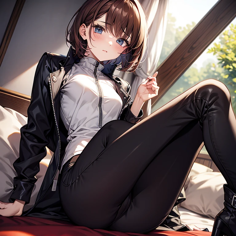masterpiece、Subtle details、Slender beauty、expensive、slim、I like that style、Small breasts、Sharp eyes、sister、Pixie Cut、Short nape、Oversized zip-up jacket、Tight skinny pants、Platform boots、Reddish brown hair、
