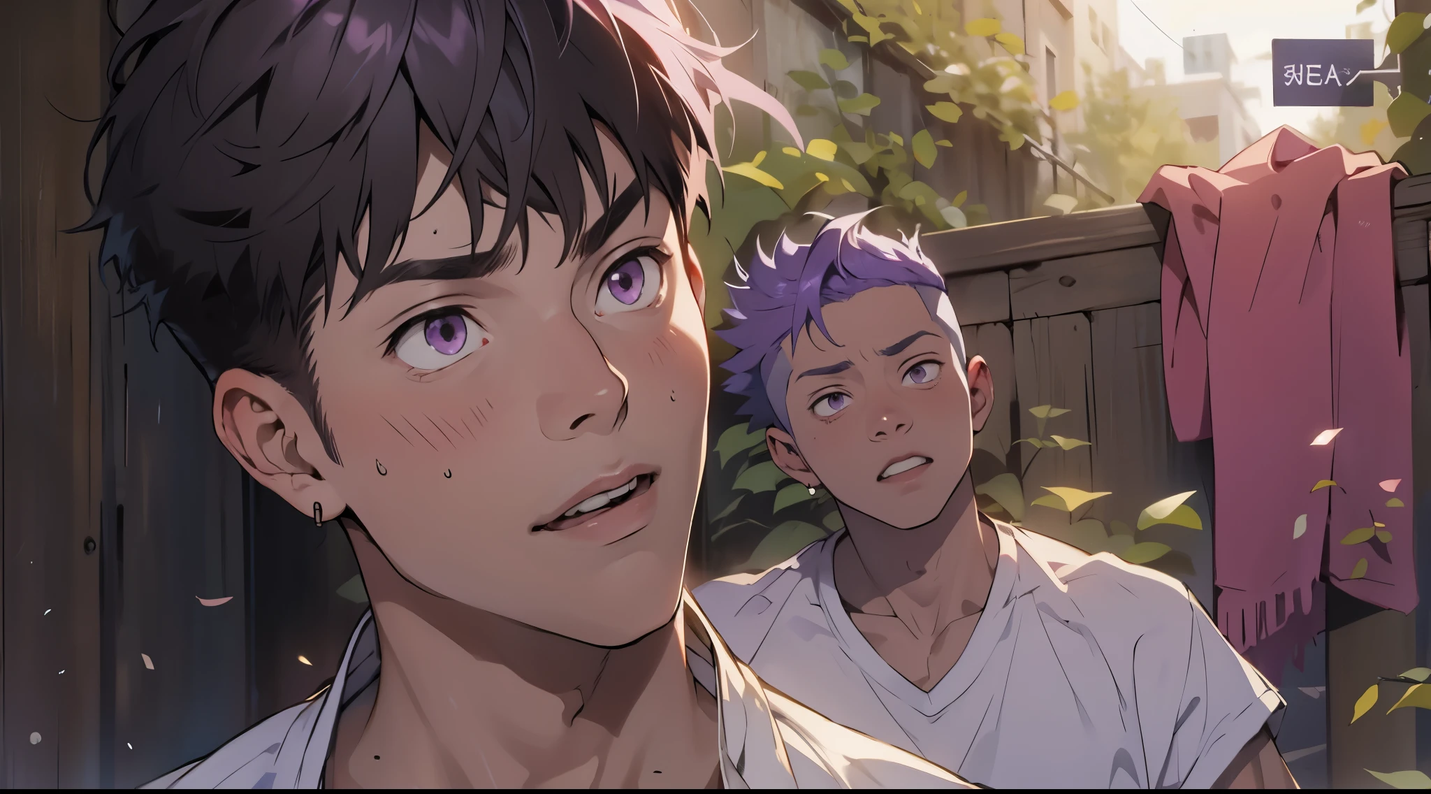 he is shouting insulting someone cute boy he is upset 17 years old purple eyes purple hair he is shouting