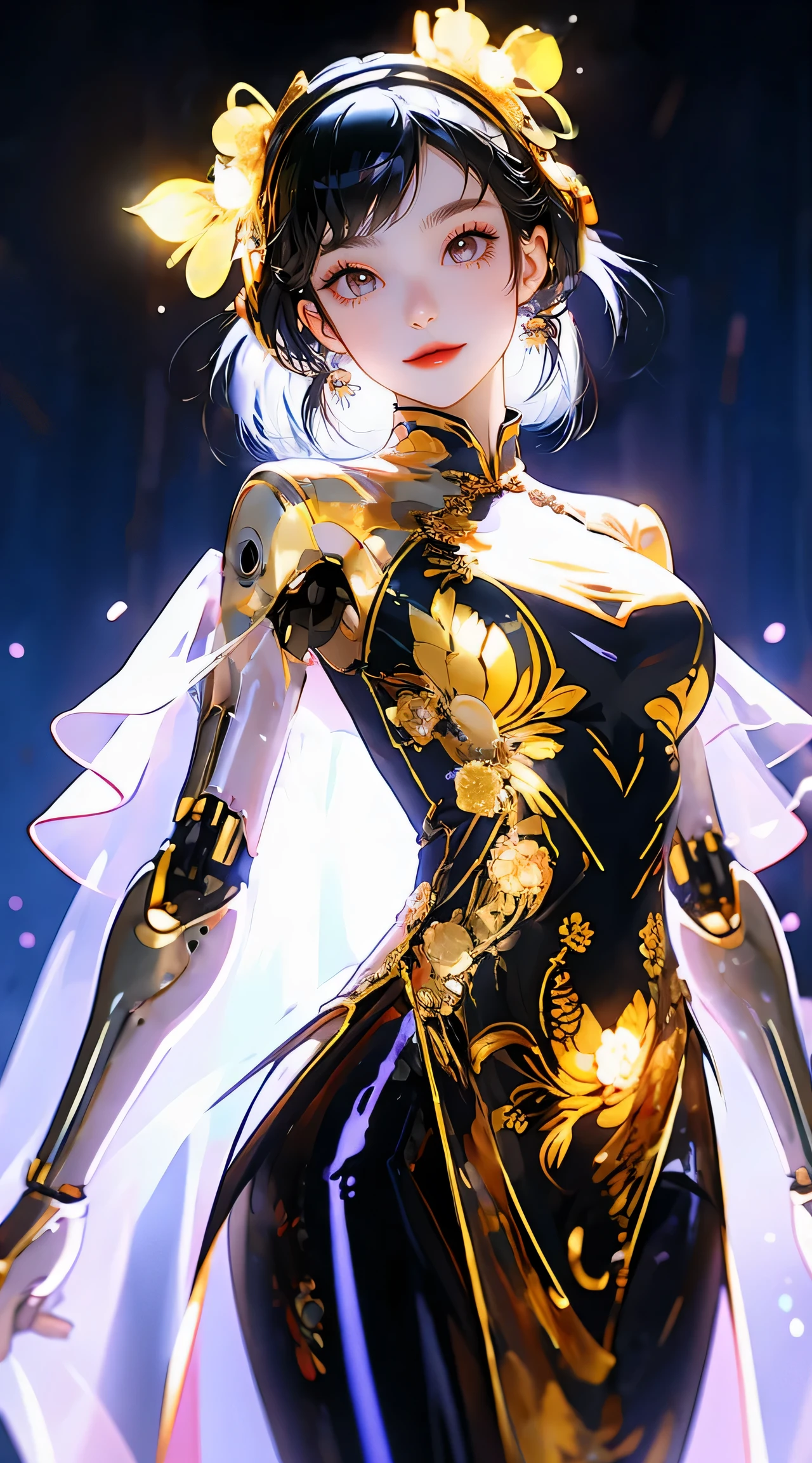 1 girl, Chinese_clothing, liquid silver and Golden yellow, cyberhan, cheongsam, Cyberpunk city, Dynamic poses, Luminous headphones, Luminous hair accessories, Long hair, Luminous earrings, glow necklace, Cyberpunk, High And technology city, full of mechanical and Futurism elements, Futurism, And technology, glowing neon lights, Golden yellow, Gold Light, Transparent tulle, Transparent streamers, laser,