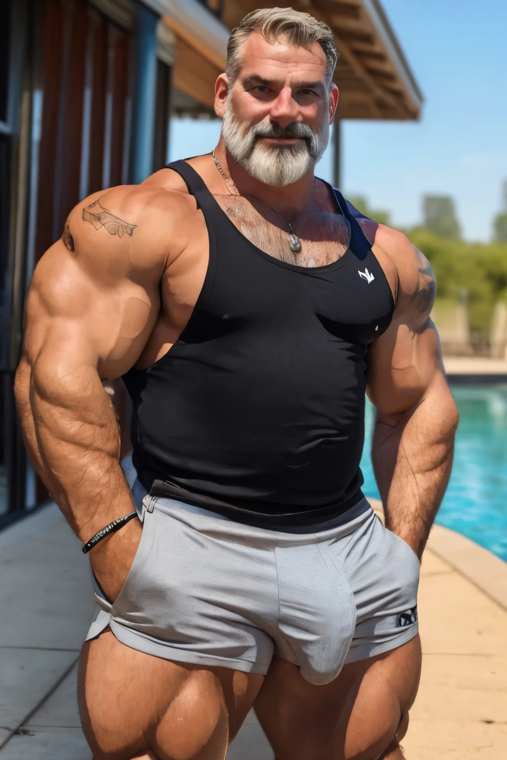 (handsome mature man), (50 yo), white man, wearing a tank top and sport shorts, bulge, (beefy:1.3), beard, looking at viewer, beautiful man, detailed eyes, symmetric face, smirk, robust, greying hair
