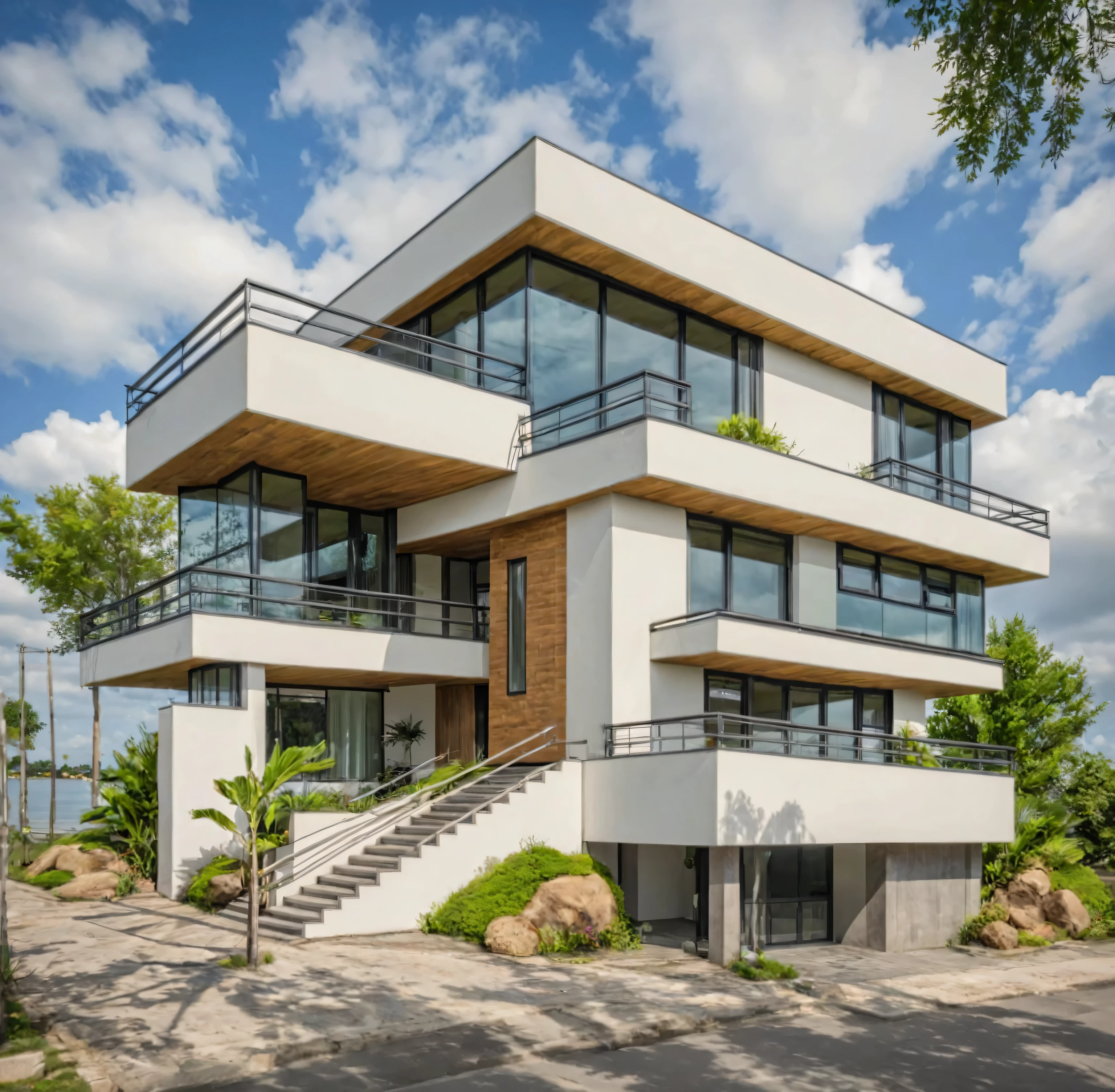 Masterpiece, high quality, best quality, authentic, super detail, outdoors, house style modern,bietthuhn, white wall, glass windows, gate road,pavement, grass, trees,blue sky, cloud, (day:1.1), realistic lighting