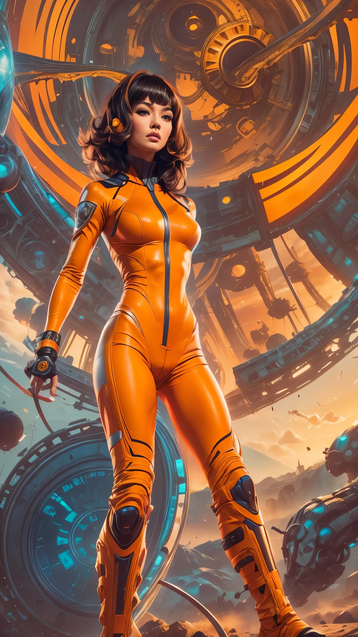 Best quality, 8K, vivid color, woman retro futurism, static pose, looking to observer, brown hair, long eyelashes, light brown shiny leotard, cleavage, metalic details, light orange pantyhose, neutral sci-fi scenario