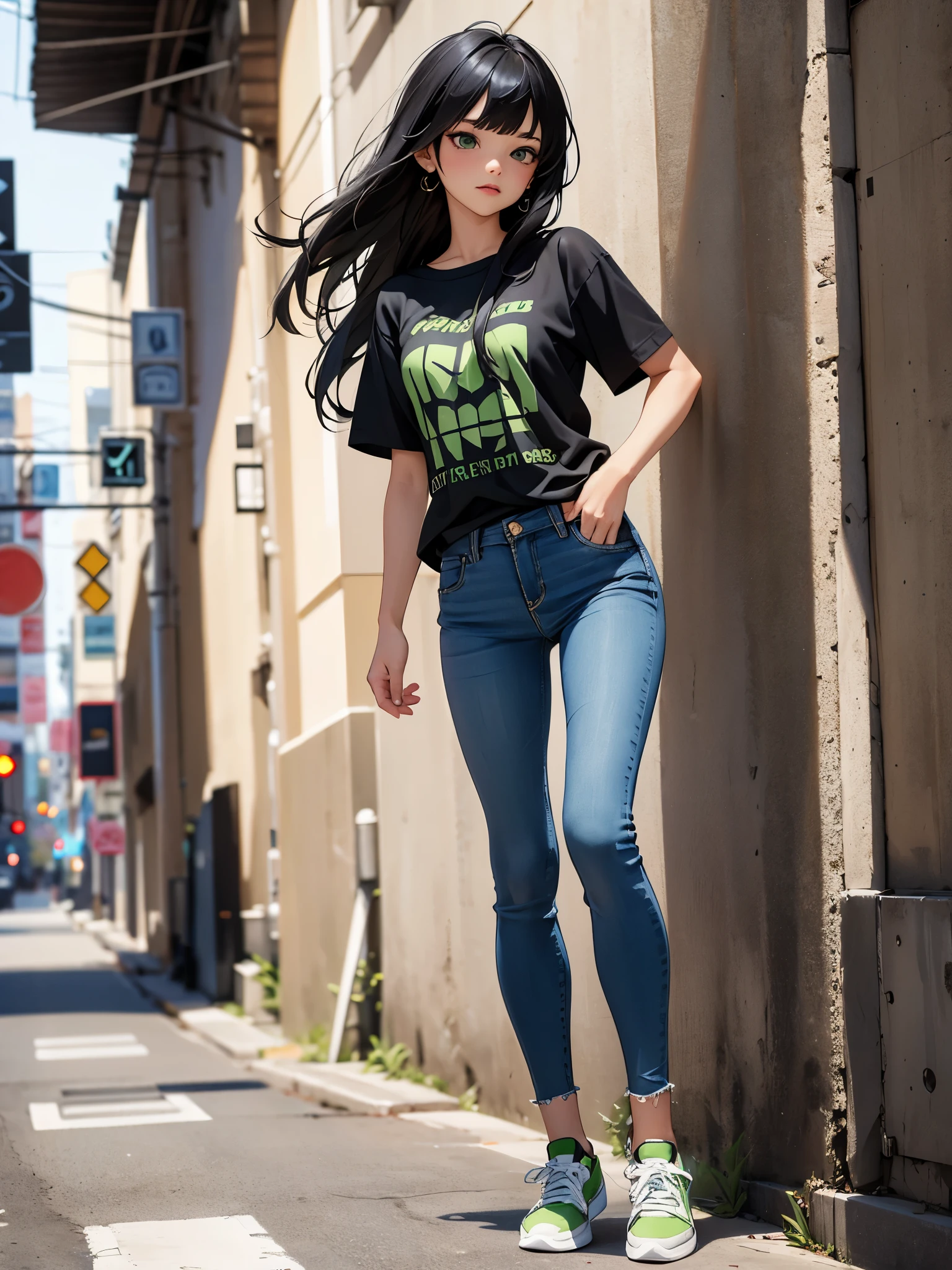 masterpiece, highest quality, solo, solo focus, (perfect face:1.1), (high detail:1.1), 1girl. age 26, street brawler, los angeles street backdrop, (black hair, long hair, side-swept bangs), green eyes, green striped t-shirt, blue jeans, sneakers, walking, full body shot, cowboy shot