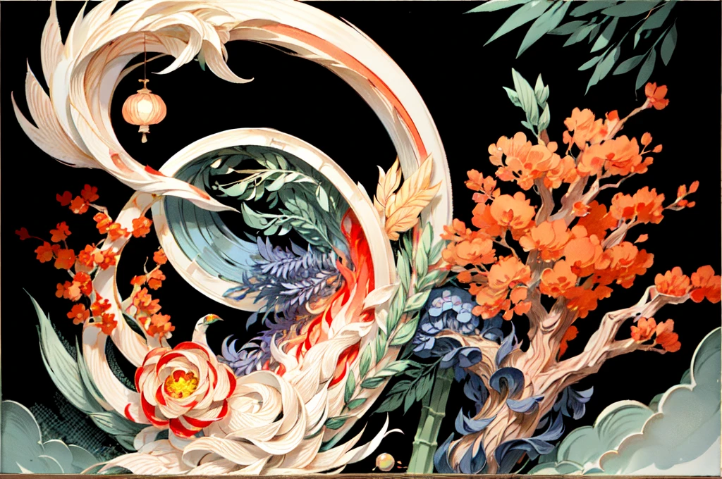 shukezouma, shuimobysim, ((starling)), willow branches, (masterpiece, best quality: 1.2), ((Traditional Chinese ink painting)), model style, bamboo branches, bamboo, wuchangshuo, red, orange, black, fire, starling, bird
