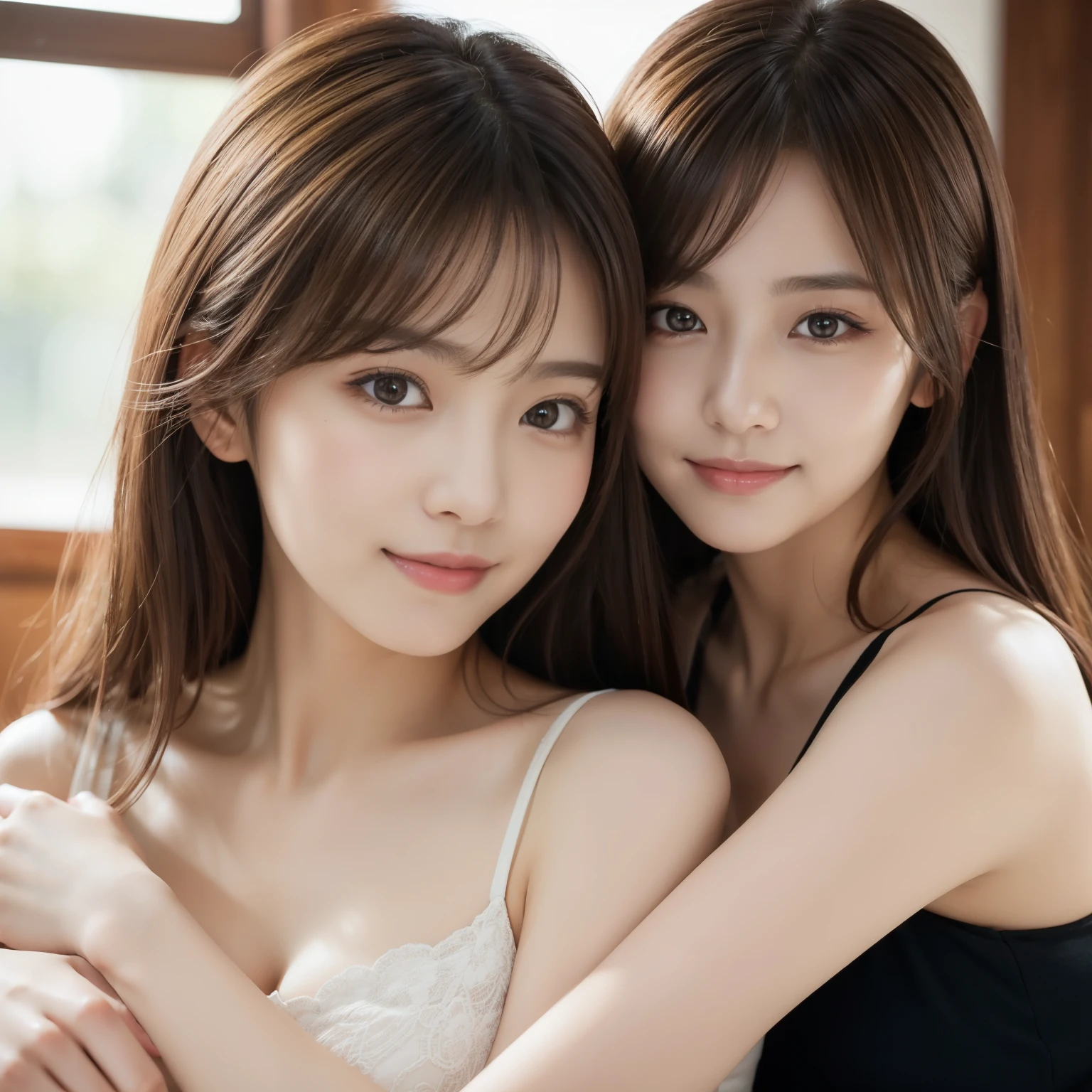 (2girl:1.3), gorgeous beautiful & elegant, (beautiful portrait of two women:1.25), (best quality, masterpiece:1.2), (photorealistic:1.2), 16K, absurdres, beautiful eyes, (light brown hair, asymmetrical hair, asymmetrical bangs, messy hair), full round face, (hug each other:1.2), (seductive smile:1.2), (dynamic lighting), (upper body), highly detailed, (close-up:1.1), Attractive 2 Japanese woman Pictures,
