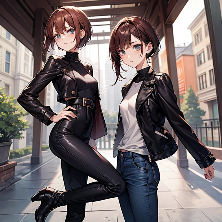 masterpiece、Subtle details、Korean women、Beautiful nape、1 adult female、Sophisticated、By city tram、Slender beauty、delicate、Body like a model、Cut and sew、Knitwear with a high neck、leather jacket、Riders jacket、Low Rise Skinny Pants、expensive、stylish、Small breasts、Sharp eyes、Cool Beauty、sister、Pixie Cut、The hair tips are cut、Short nape、hair that has lost volume、Platform boots、Reddish brown hair、