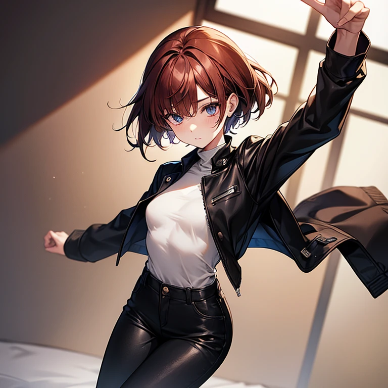 masterpiece、Subtle details、Korean women、Beautiful nape、1 adult female、Sophisticated、By city tram、Slender beauty、delicate、Body like a model、Cut and sew、Knitwear with a high neck、leather jacket、Riders jacket、Low Rise Skinny Pants、expensive、stylish、Small breasts、Sharp eyes、Cool Beauty、sister、Pixie Cut、The hair tips are cut、Short nape、hair that has lost volume、Platform boots、Reddish brown hair、