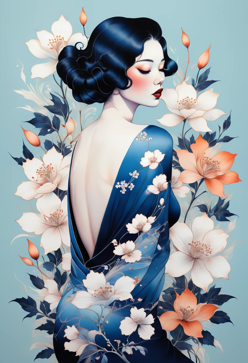 chiaroscuro technique on sensual illustration of an elegant , retro and vintage ,silky flower around body, matte painting, by Hannah Dale, by Harumi Hironaka, extremely soft colors, vibrant, pastel, highly detailed, digital artwork, high contrast, dramatic, Blue and white porcelain