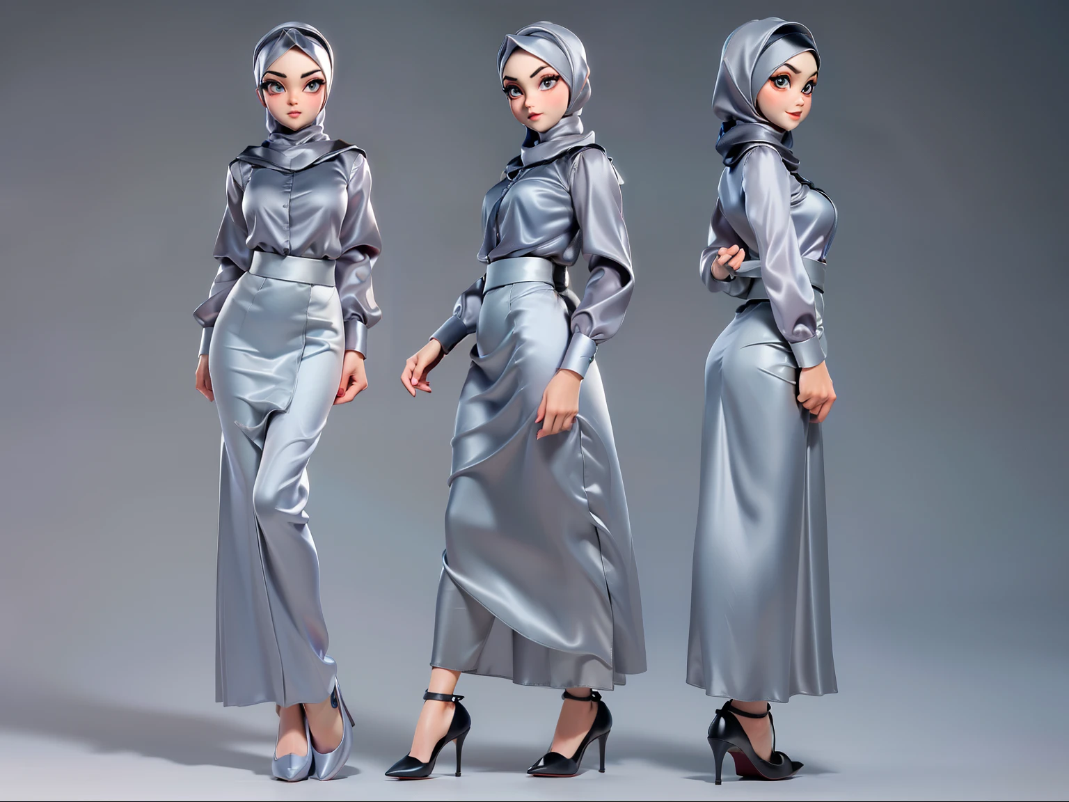 3dmm style, ((Masterpiece, best quality, photography, detailed skin, realistic, photo-realistic, 3D Character Design, pixar, real cartoon, High detail RAW colour art, diffused soft lighting, shallow depth of field, sharp focus, hyperrealism, cinematic lighting, ((close up)) hijab, a turkish lady, beautifully makeup, brown beautiful big eyes, long eye lashes, wearing ((Gray satin hijab)), loosely tide hijab style, ((gray satin shirt)), ((black satin long skirt)), black stilettos shoes.
