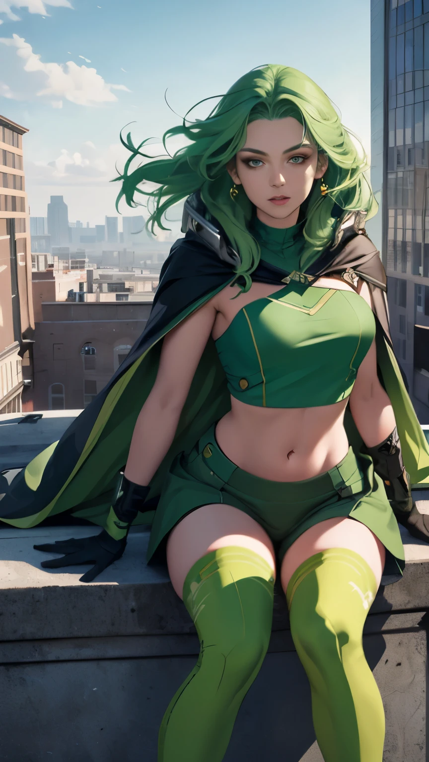 (Highly quality, masterpiece, detailed), city detailed scenario, city detailed background, 20 years old girl, solo, Polaris, green hair, cape, helmet, green crop top, thigh highs, gloves, sitting on top of a building, navel, perfect face, beautiful eyes, looking at the viewer, Sexy pose