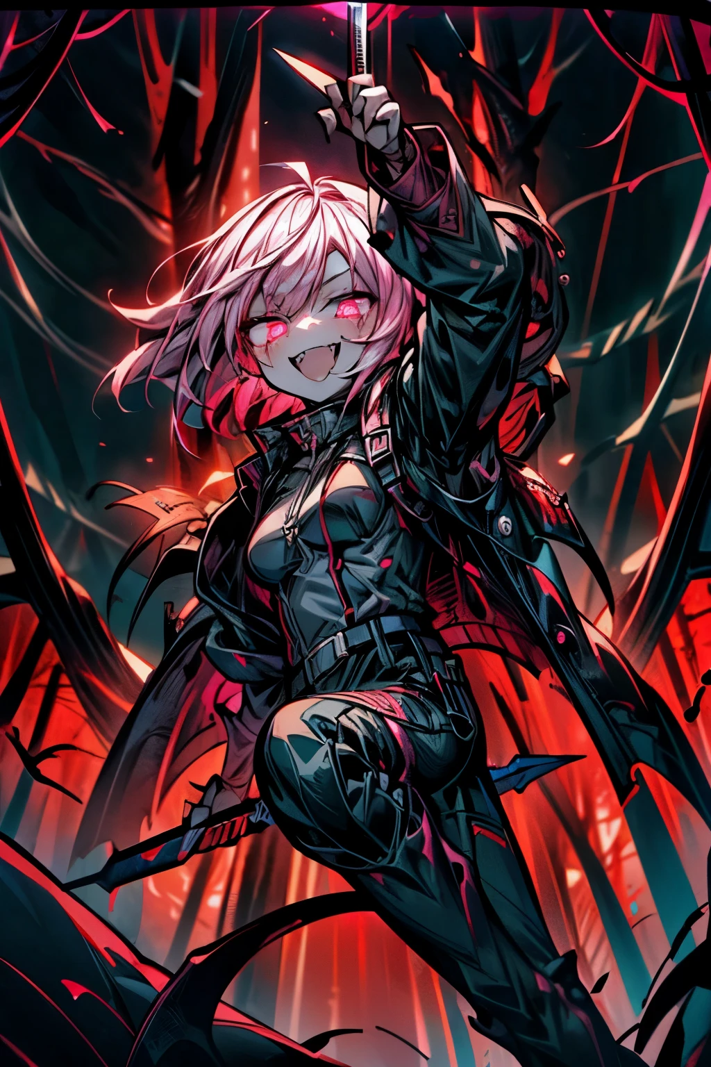 Ultra detailed, masterpiece, Best quality, depth of field, sharp focus, cinematic lighting, Bright colors, fangs, Red shades, blood on the face, (short platinum hair), one character, pink eyes, small-sized breasts, Hanging in the air, (full length), Legs dangling in the air, ((((in the middle of a very dark evil forest at night)))), ((swinging a hand with a knife)), (closed military form, pants, jacket with leather straps, uniform), PSYCHOPHONKY, crazy smile