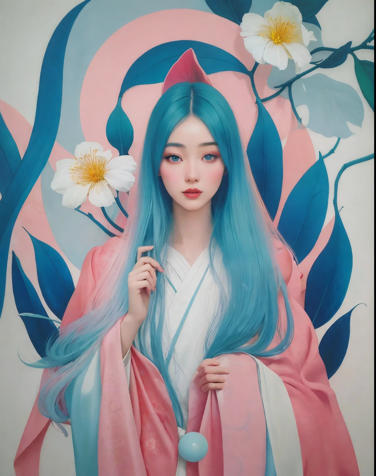 chiaroscuro technique on sensual illustration of an elegant , retro and vintage ,silky flower around body, matte painting, by Hannah Dale, by Harumi Hironaka, extremely soft colors, vibrant, pastel, highly detailed, digital artwork, high contrast, dramatic, Blue and white porcelain