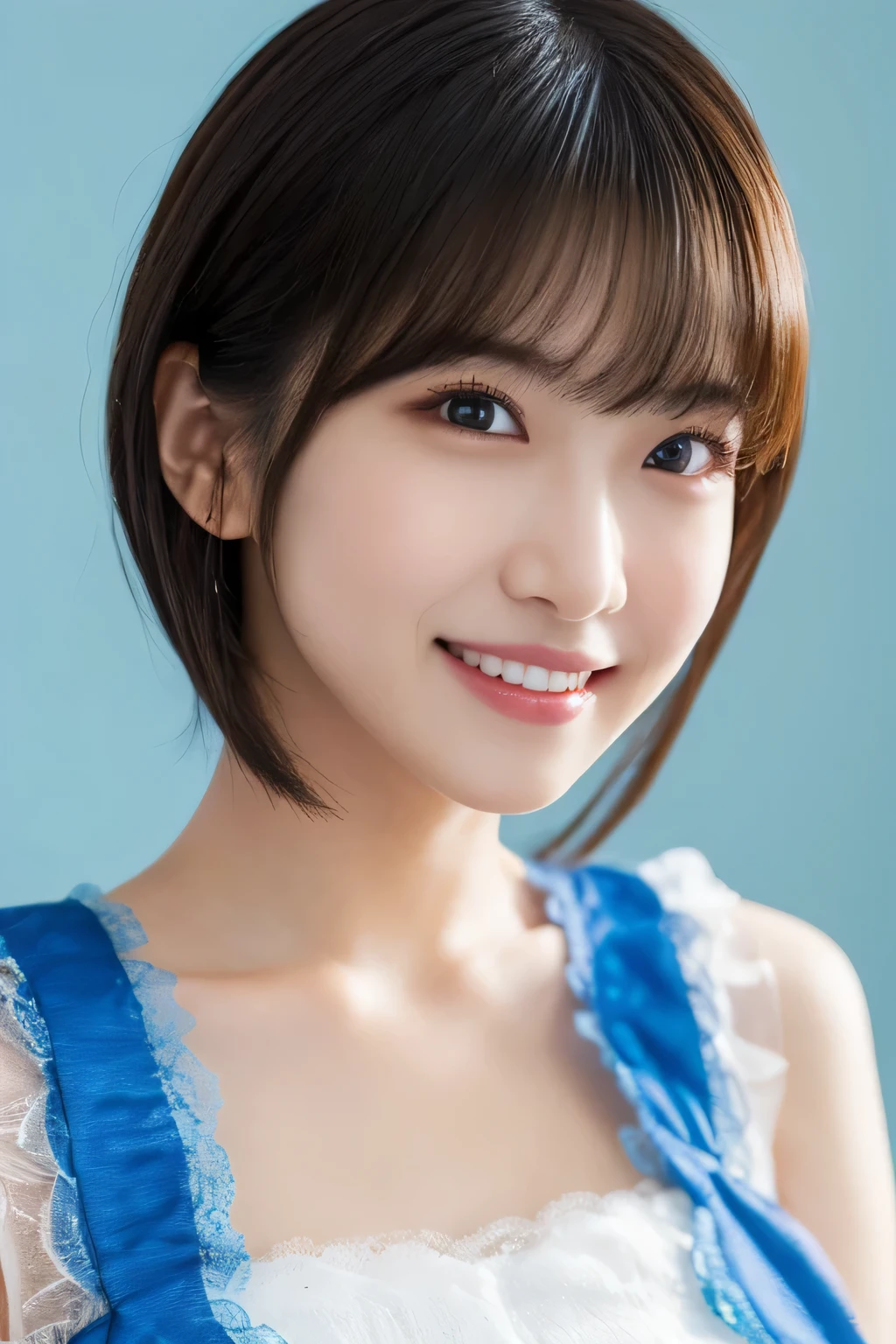 1 girl, (Wearing a light blue idol costume:1.2), Very beautiful Japanese idol portraits,
(RAW Photos, highest quality), (Realistic, Photorealistic:1.4), (masterpiece),
Very delicate and beautiful, Very detailed, 2k wallpaper, wonderful, finely, very detailed CG Unity 8k wallpaper, Very detailed, High resolution, Soft Light,
Beautiful detailed girl, Very detailed目と顔, Beautiful and detailed nose, finely beautiful eyes, Cinema Lighting,
(Simple background in bright colors:1.3),
(short hair),
Complete Anatomy, Slender body, Small breasts, smile