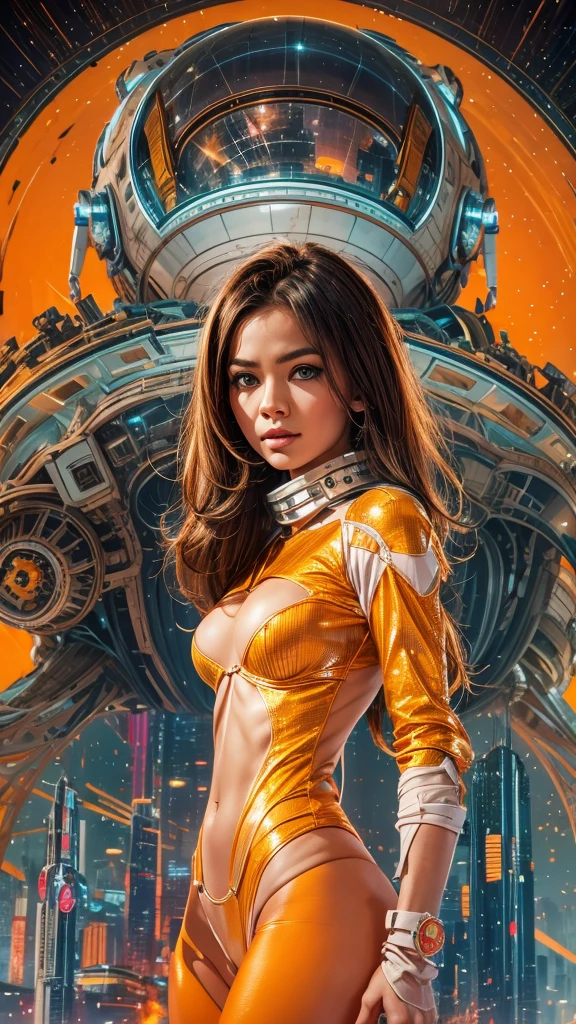 arafed image of a woman in a futuristic suit with a spaceship in the background, movie art, in front of an orange background, inspired by Robert McGinnis, female protagonist, megastructure in the background, portrait of an ai astronaut, astronauts, an astronaut, portrait of a astronaut skeletor, perfect android girl, frank franzzeta and sakimichan