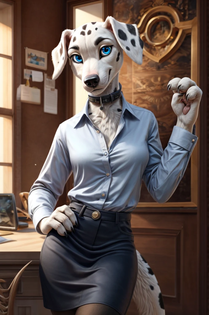 Slim, thin, female, more cute, sky blue eyes, 4 fingers, dalmatian tail, a close up of a dalmatian anthro wearing unbuttoned office skirt close to a mirror, black collar, (waves one hand), smooth fur, anthro art, anthro portrait, masterpiece anthro portrait, anthro, anthro digital art, anthro paw pov art, pov furry art, furry character portrait, female fursona, commission for high res, furry art, high quality portrait, portrait of an anthro dalamtian, photorealistic anthro , very accurate portrait, superb anthro hands 