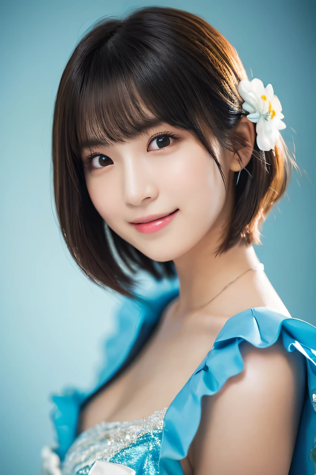 1 girl, (Wearing a light blue idol costume:1.2), Very beautiful Japanese idol portraits, 
(RAW Photos, highest quality), (Realistic, Photorealistic:1.4), (masterpiece), 
Very delicate and beautiful, Very detailed, 2k wallpaper, wonderful, finely, very detailed CG Unity 8k wallpaper, Very detailed, High resolution, Soft Light, 
Beautiful detailed girl, Very detailed目と顔, Beautiful and detailed nose, finely beautiful eyes, Cinema Lighting, 
(Simple background in bright colors:1.3),
(short hair), 
Complete Anatomy, Slender body, Small breasts, smile