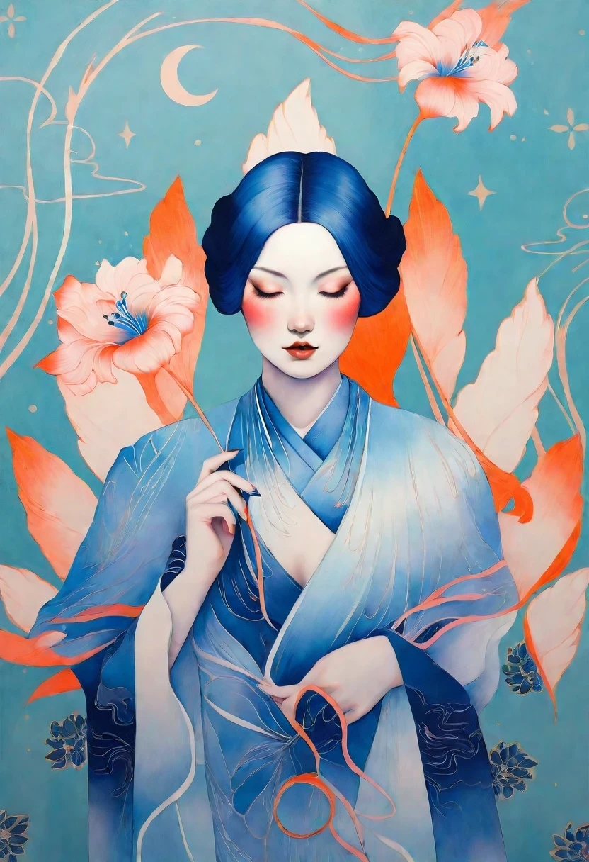 chiaroscuro technique on sensual illustration of an elegant , retro and vintage ,silky flower around body, matte painting, by Hannah Dale, by Harumi Hironaka, extremely soft colors, vibrant, pastel, highly detailed, digital artwork, high contrast, dramatic, Blue and white porcelain