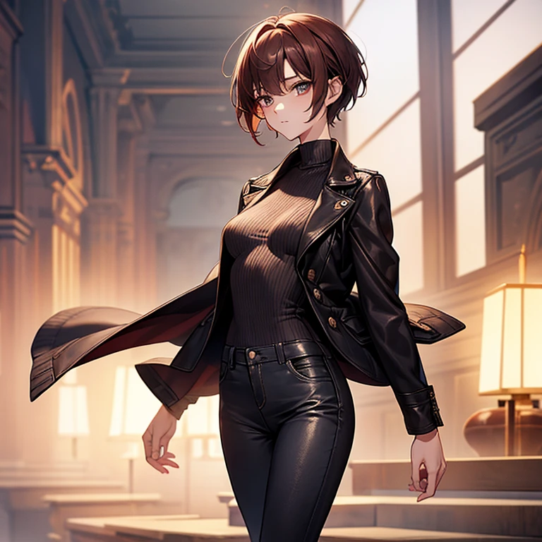 masterpiece、Subtle details、Korean women、Beautiful nape、1 adult female、Sophisticated、By city tram、Slender beauty、delicate、Body like a model、Cut and sew、Knitwear with a high neck、leather jacket、Riders jacket、Low Rise Skinny Pants、expensive、stylish、Small breasts、Sharp eyes、Cool Beauty、sister、Pixie Cut、The hair tips are cut、Short nape、hair that has lost volume、Platform boots、Reddish brown hair、